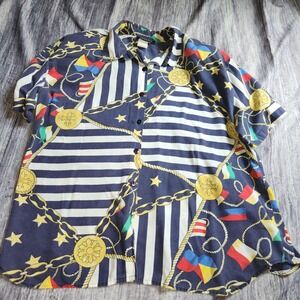 VTG Cascais Nautical Print Button Up Short Sleeve Shirt -‎ Striped - XL